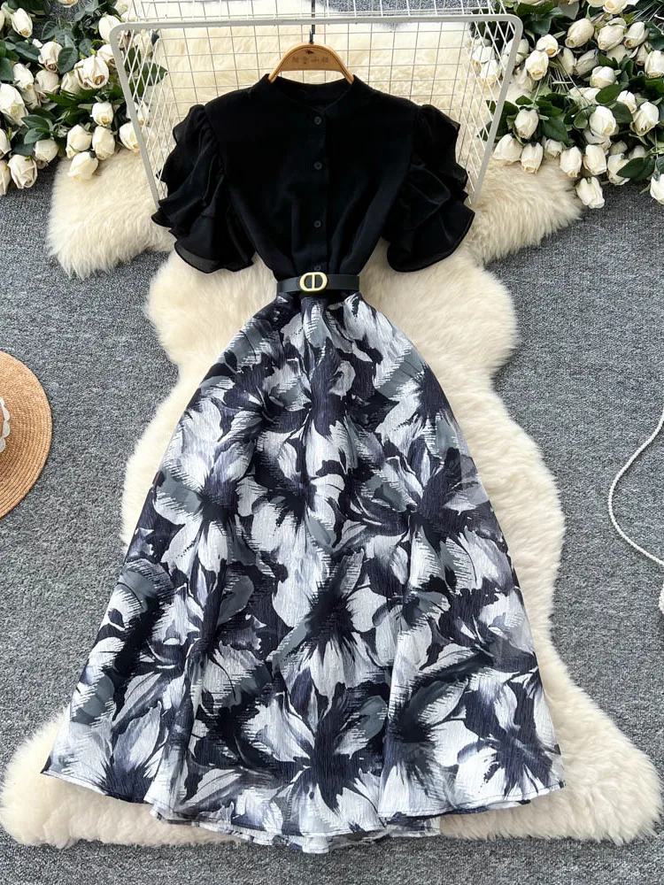 High-End Women's Summer Dr 2025 Belted Waist Print Splice Flounce Sve A-Line Skirt Korean Sle Commute ort Sve