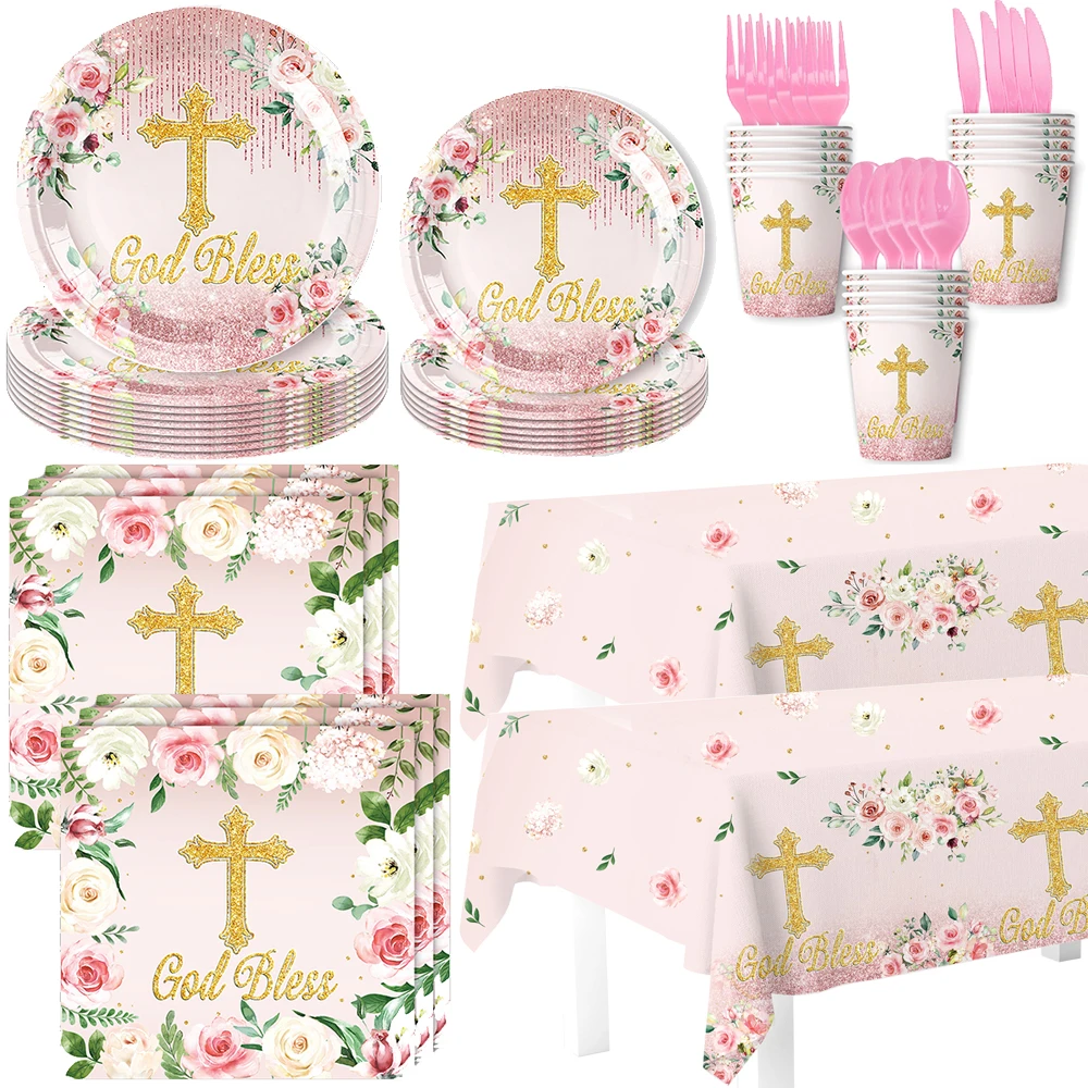 Fournitures de fête pour baptême et communion, ensemble de vaisselle rose avec assiettes et serviettes, pour la première communion, cadeaux de baby shower
