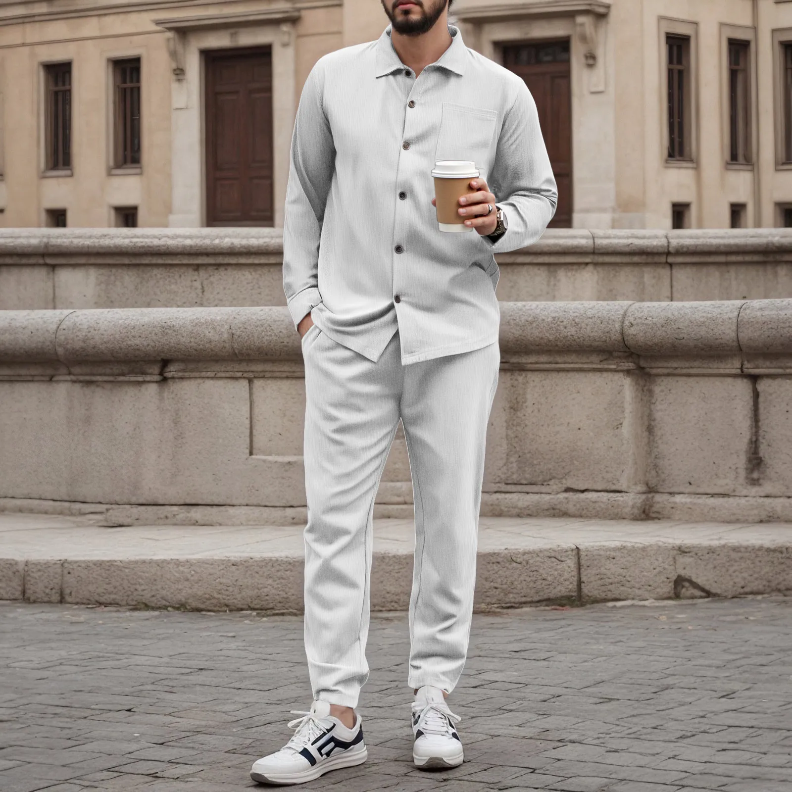 

Slim Suits Men's Corduroy Casual Solid Color Button Shirt And Long Pants Set Cotton Track Suit Men