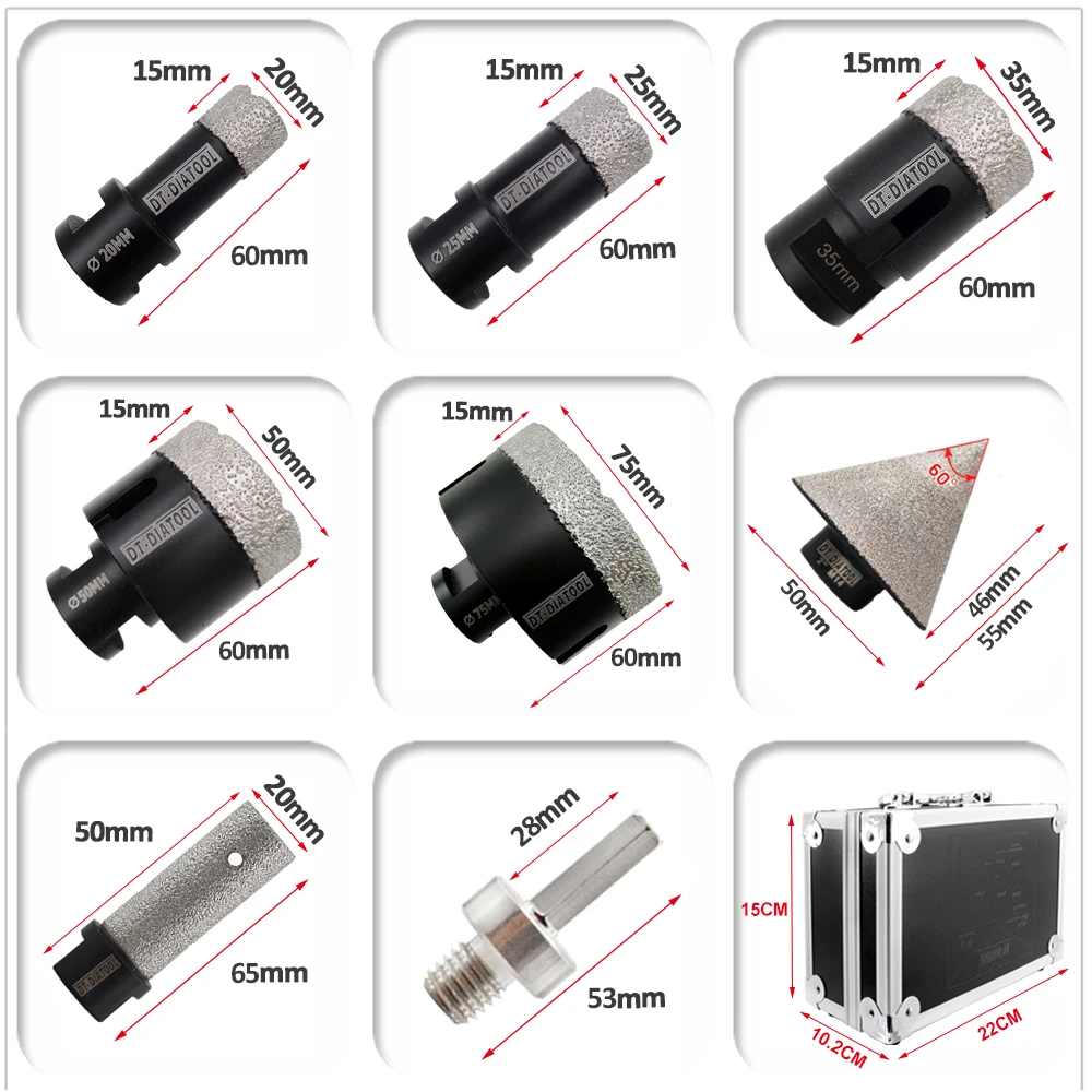 8pk/set DT-DIATOOL 20-75mm Diamond Dry M14 Drill Bit Chamferer Finger Enlarge Grinding Hole Saw Porcelain Tile Granite Stone