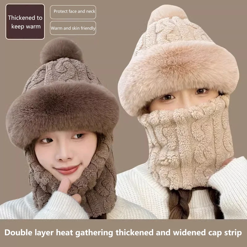 Winter Knitted Hat Scarf Mask One-Piece Plush Pompom Beanies For Women Plush Lining Warm Bonnet Ears Neck Protection Skiing Cap