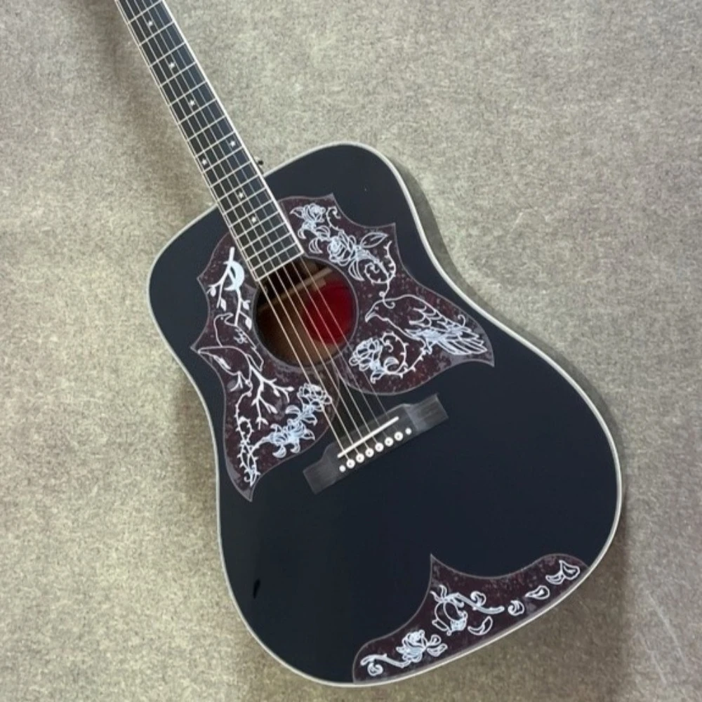 High Quality Black Acoustic Guitar, Double Crow Pickguards, Mahogany Back/side, Rosewood Fretboard, for Country Music