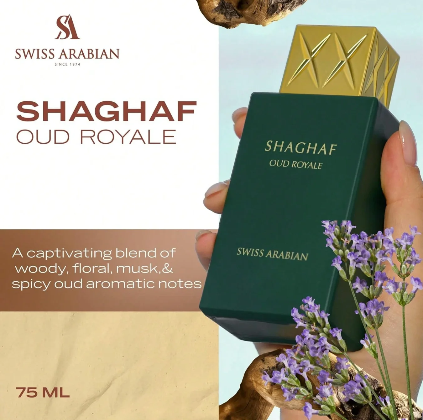 Swiss Arabian Shaghaf Oud Royale Picante, Fragrância Aromática - Notas de Açafrão e Lavanda - Presente de feriado