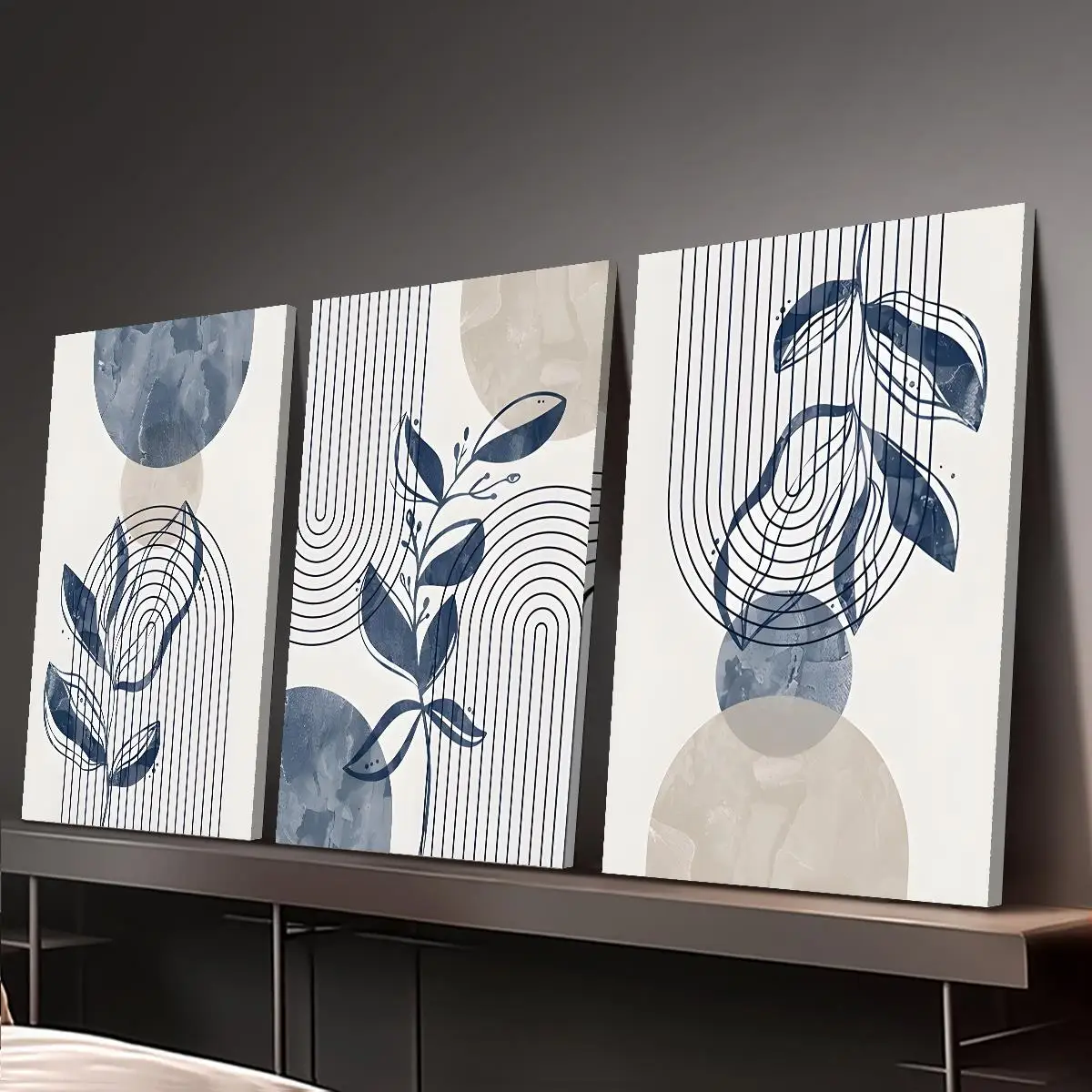 Rahmenloser 3-teiliger Leinwanddruck, dekoratives Gemälde, botanisches Boho-Gemälde, künstlerisches Gemälde in Salbeigrün, Beige, Marineblau, ABS