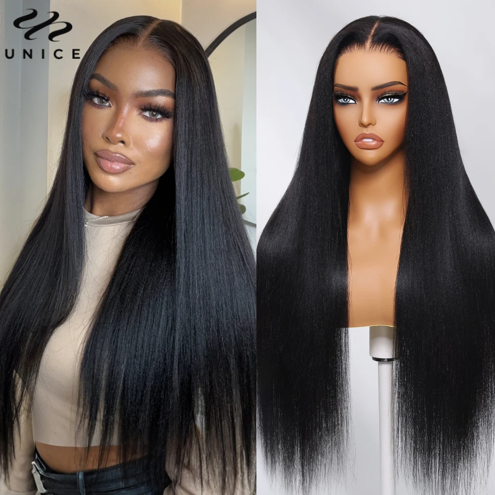 UNice Hair Drawstring Cap Yaki Straight 7x5 Lace Closure Wig Pre Cut Pre Bleached Glueless Wig Human Hair Ready To Wear Go