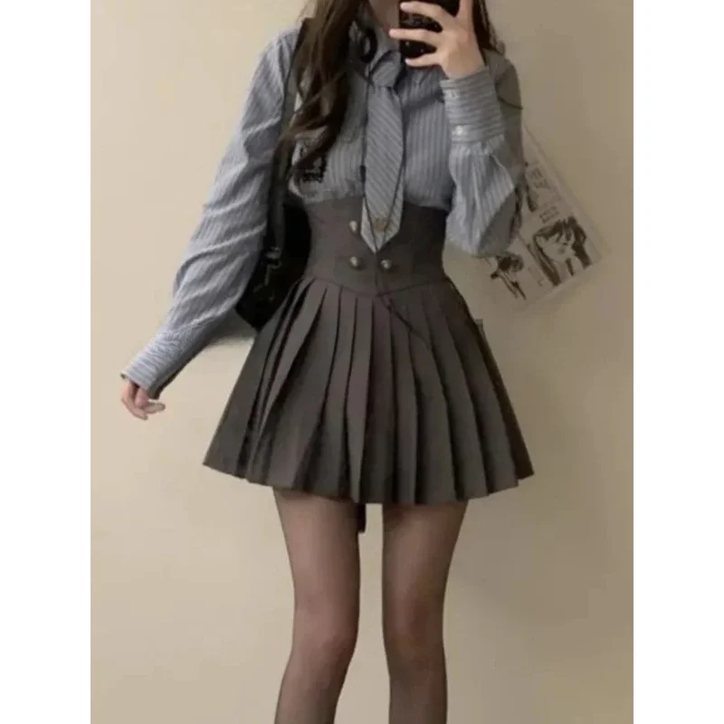 الشتاء خمر 3 قطعة مجموعة المرأة المرقعة Kawaii تنورة دعوى الإناث الكورية موضة معطف قصير مطوي تنورة مخطط قميص 2024