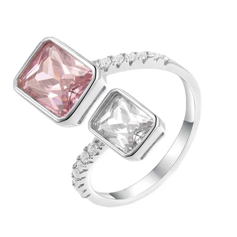 New S925 silver pink yellow diamond square stitching open ring niche design sense female creative luxury jewelry