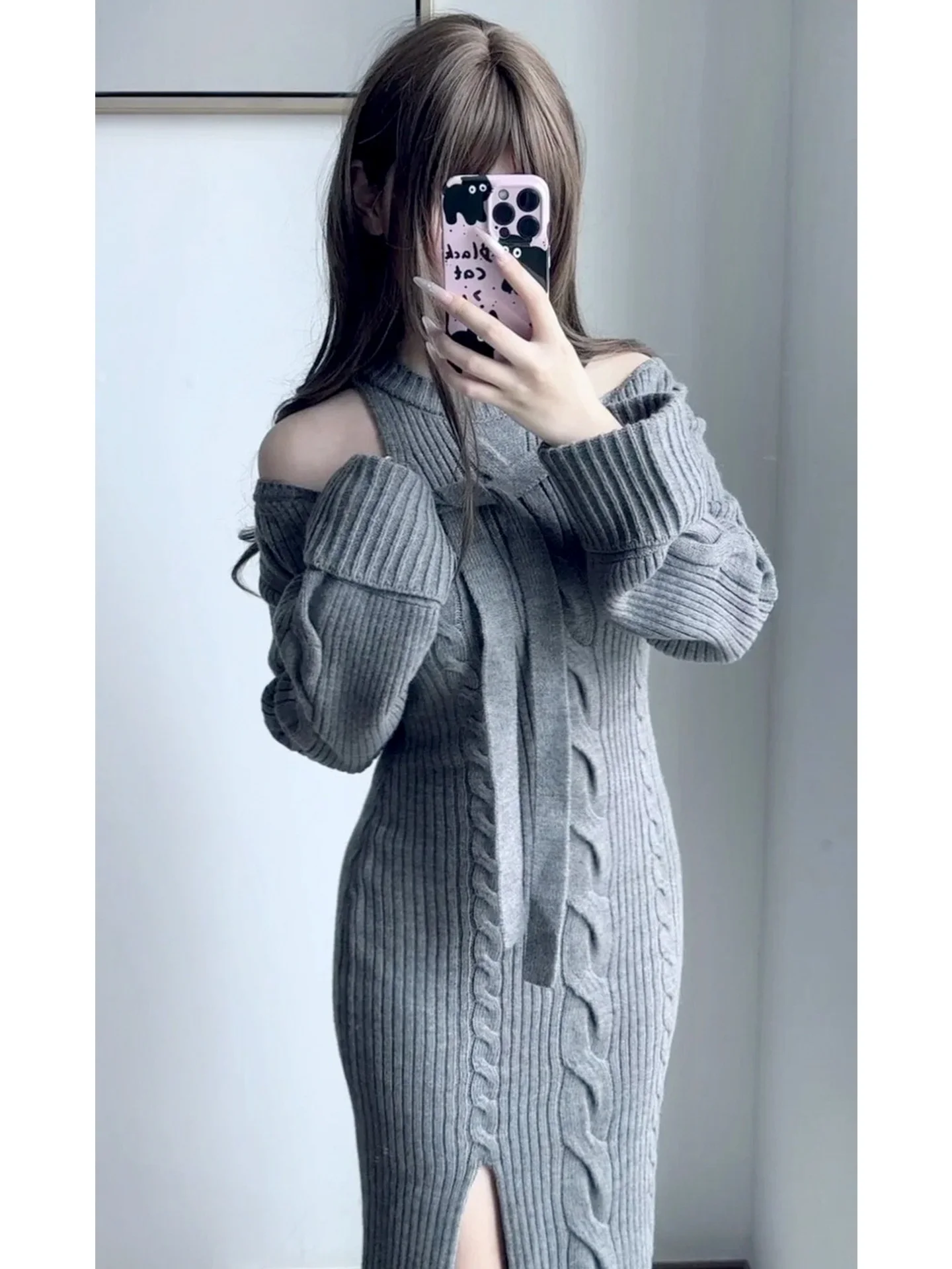 

Autumn Winter New Arrival Women's Long Knitted Dress Pure Desire Style Knot Belted Twist Flower Design Casual Fit