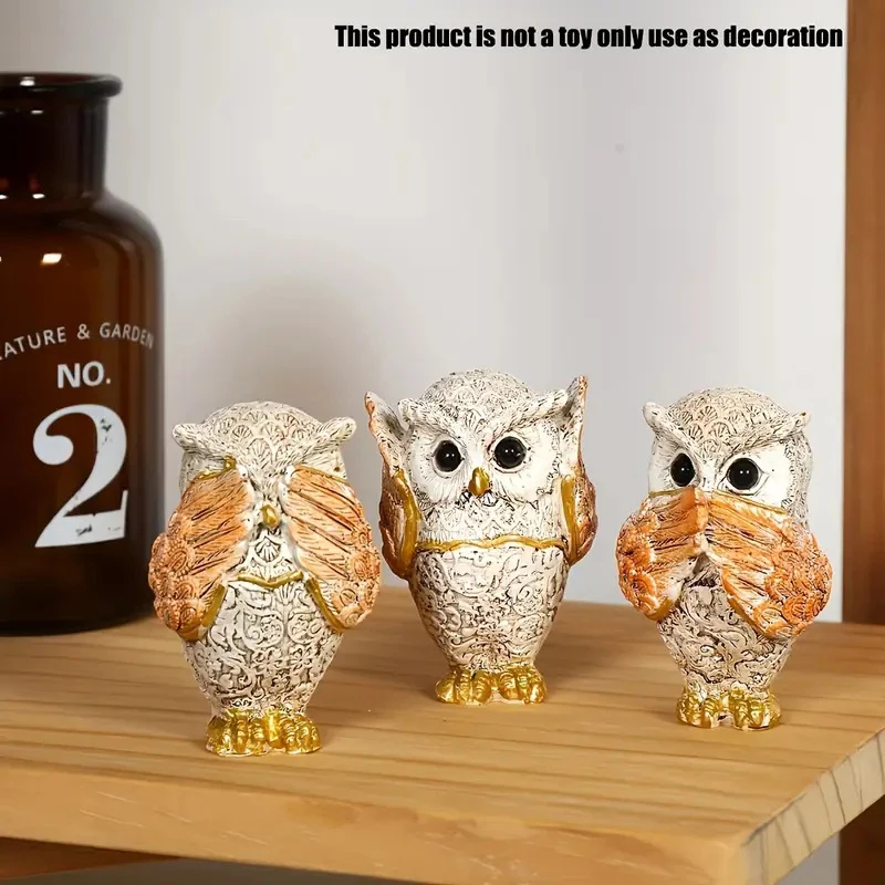 3pcs Owl Statue Figurine Set Hear No See No Speak No Animal Sculpture Ornaments Home Office Tabletop Decoration