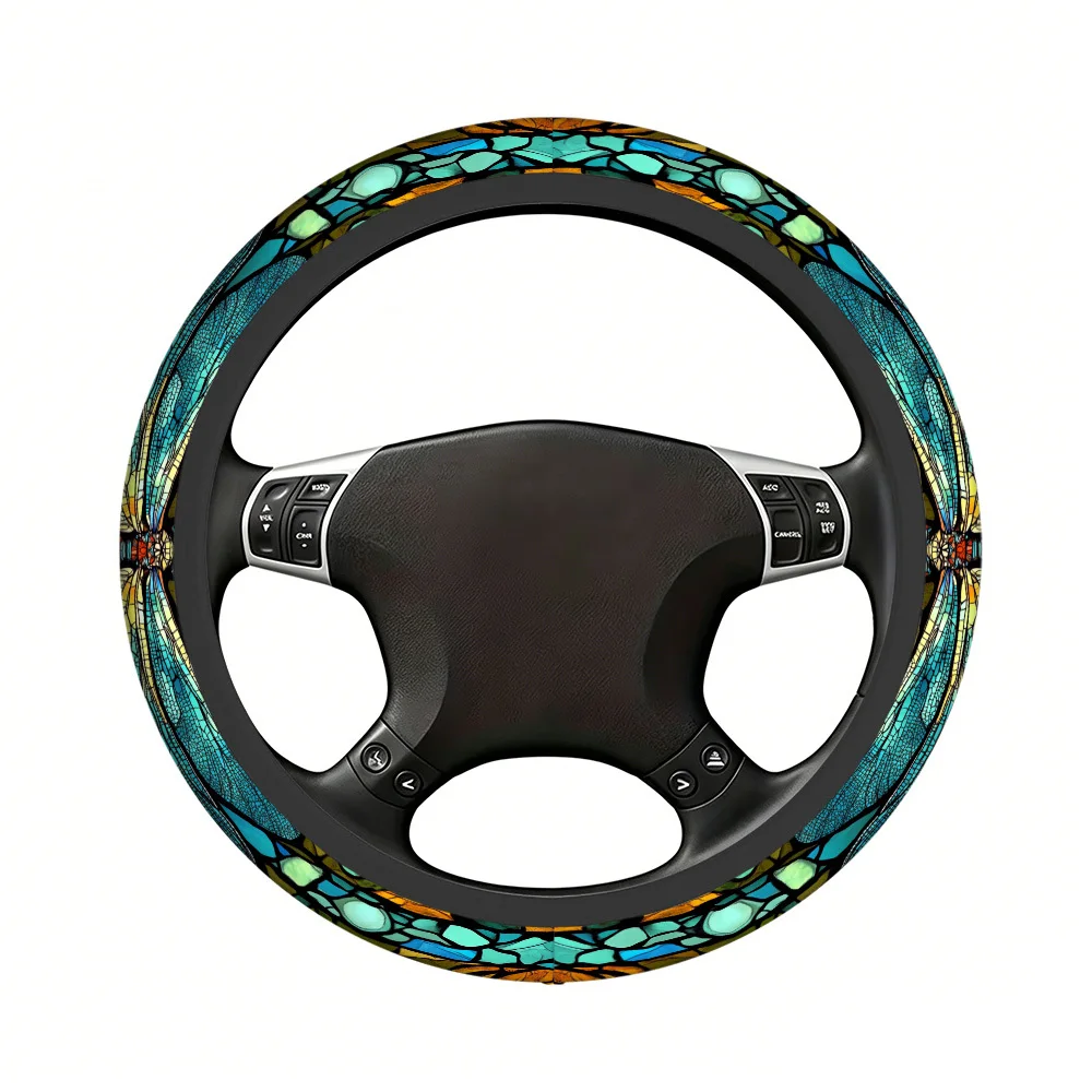 1pc Dragonfly And Leaf Mosaic Steering Wheel Cover Durable Material Universal Fit, Enhances Car Interior