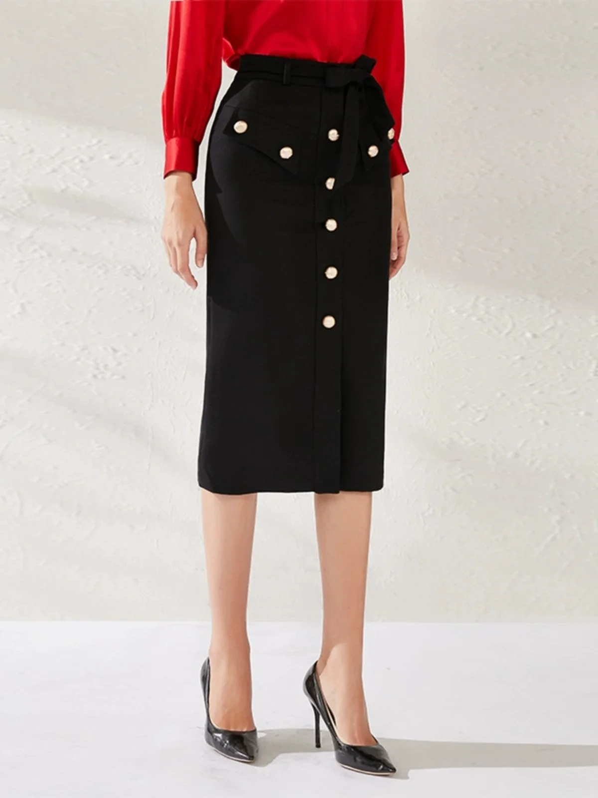 

ei 2026 Spring New Woolen Midi Skirt f-length Wrap-around High-waist Pencil Skirt for Women Ele Commute Sle