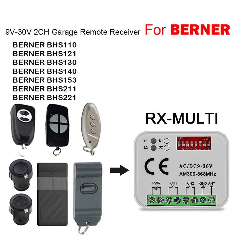 

For Garage BERNER BHS110 BHS121 BHS130 BHS140 BHS153 BHS211 BHS221 Gate Opener Remote Control RX MULTI Receiver 280MHz-868MHz