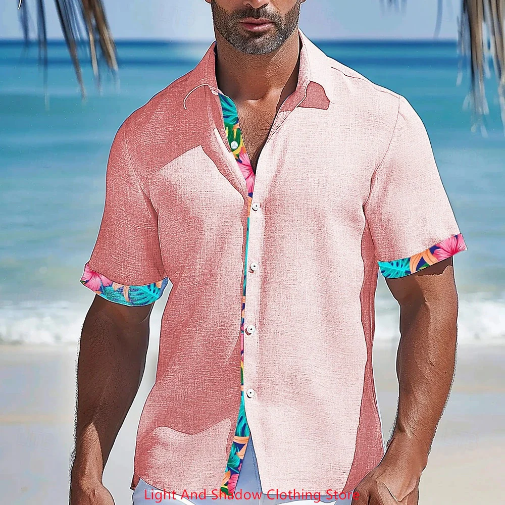 

2025 Men's New Short sleeved Shirt Linen Splicing Pattern Printed Shirt Casual Hawaii Vacation Collar Single breasted Shirt