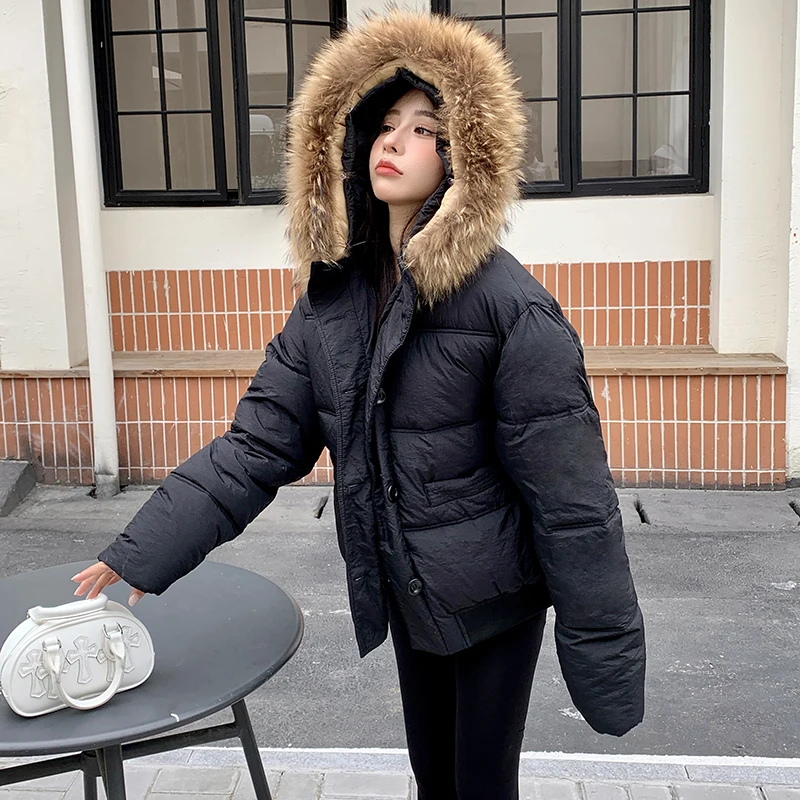 Autunno Inverno Vestiti imbottiti in cotone Parka Piumino in cotone Collo in pelliccia Con cappuccio Donna Spessa calda antivento Tasche grandi