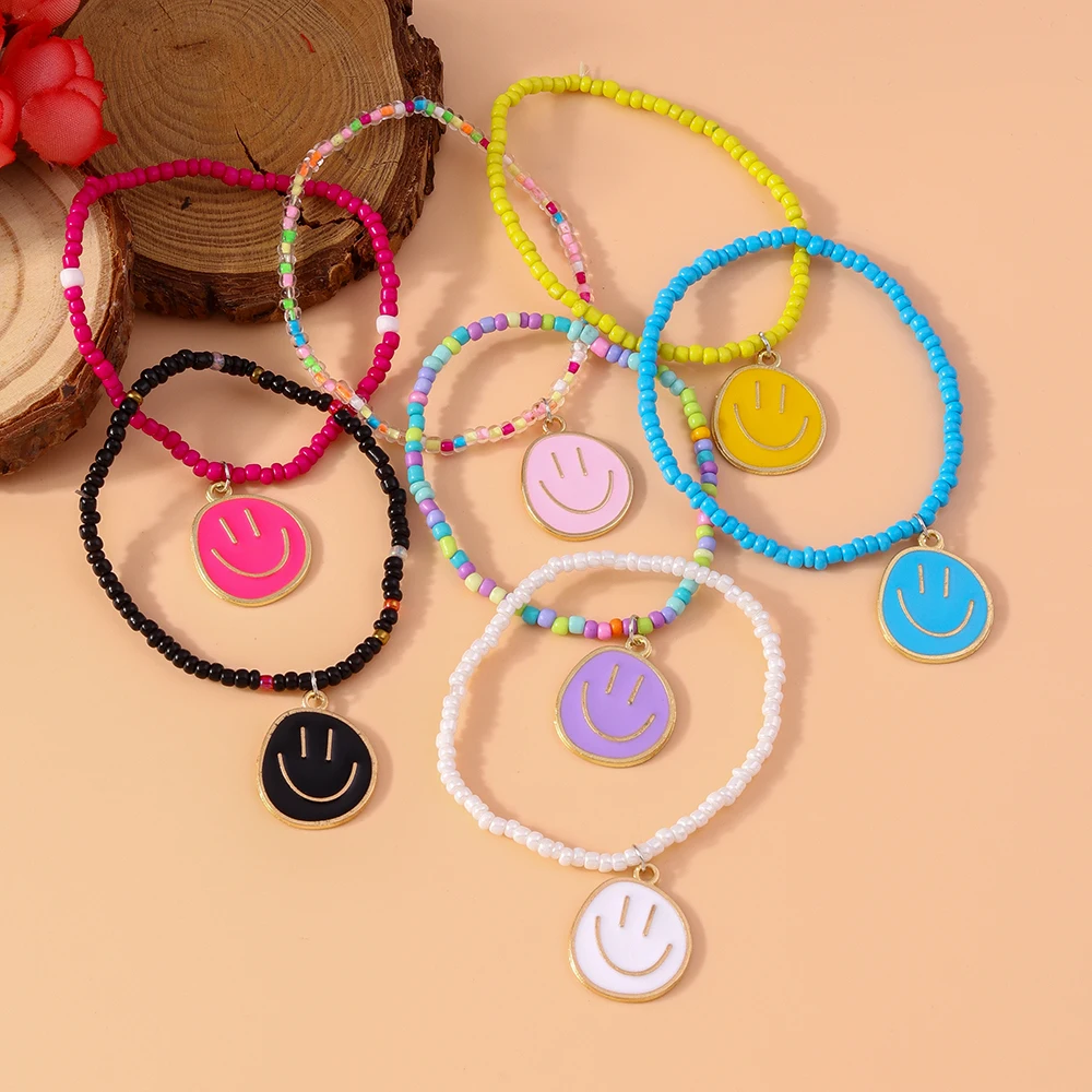 أيهوا-أساور مطرزة مرنة للنساء والفتيات ، سوار مصنوع يدويًا مع ابتسامة على الوجه ، مجوهرات صداقة ، 7 * #4