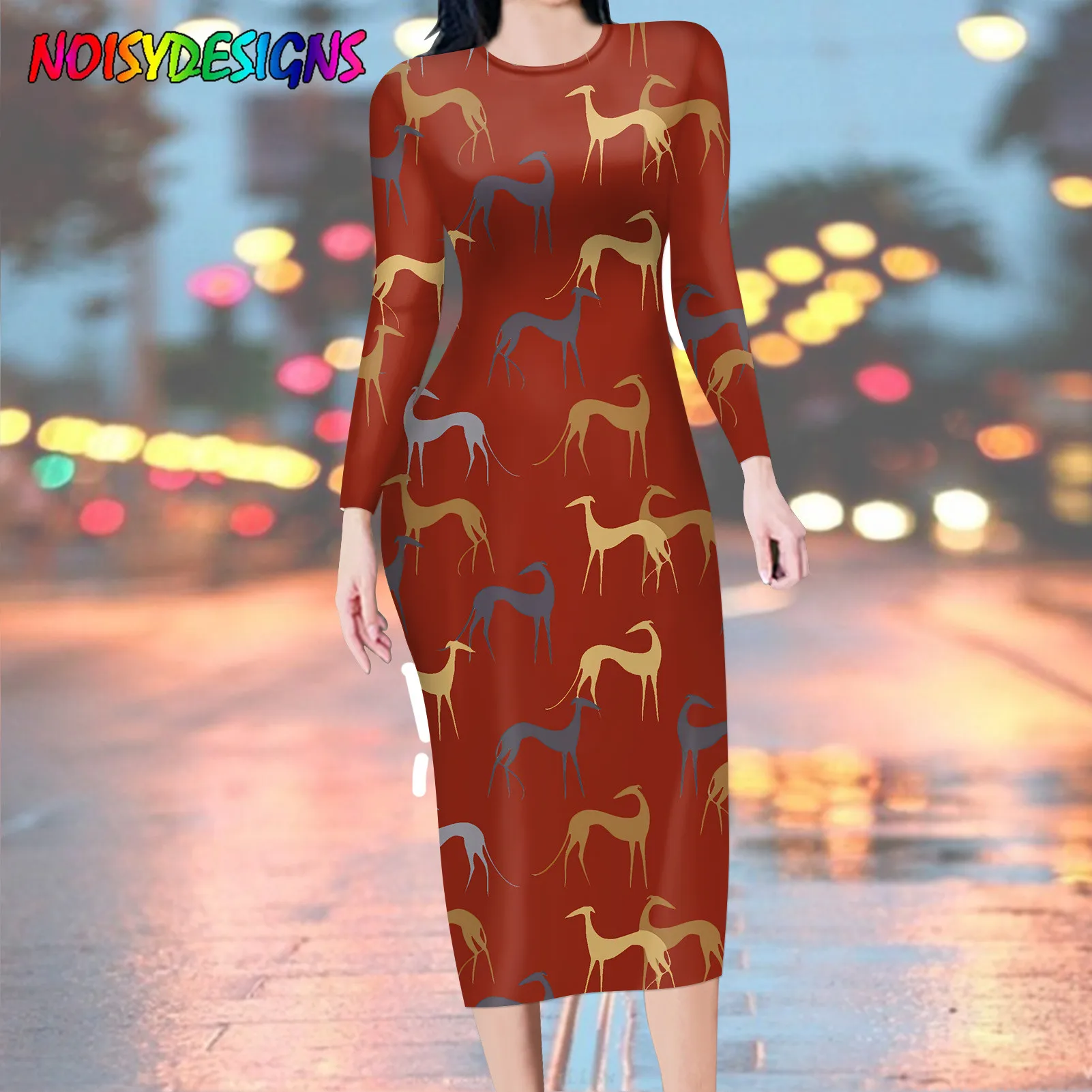 NOISYDESIGNS Greyhound Dog Printed Women Long Sleeve O-neck Bodycon Long Dress Party Pencil Dresses New Vestidos Plus Size Dress