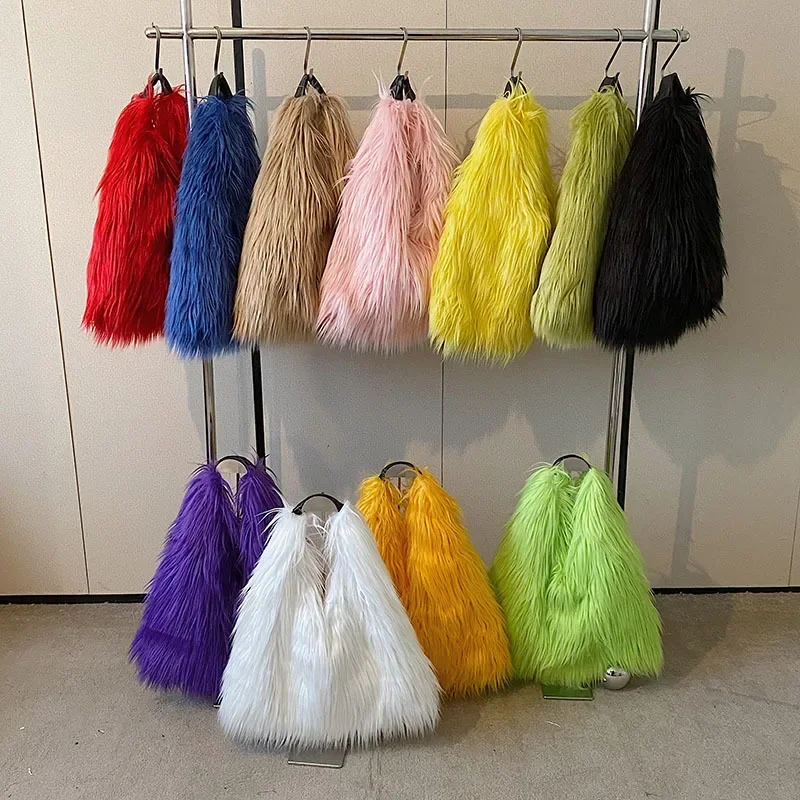 

Woman Creative Faux Fur Y2K Style Shopping Tote Bag Long Fur Imitation Handbag Spicy Girl Long Wool Females Winter Bags