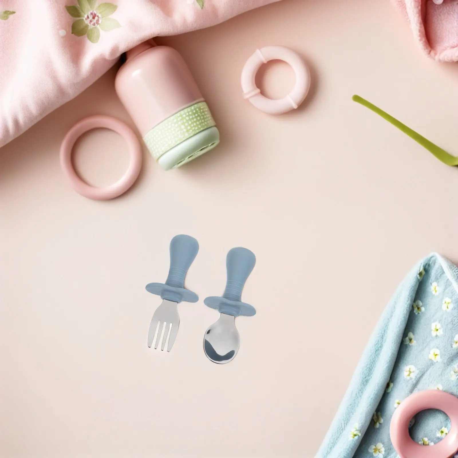 

1Set Toddler Feeding Utensils Baby Training Silicone Spoon Fork Set Stainless Non-Slip Handle Kids Silverware Set