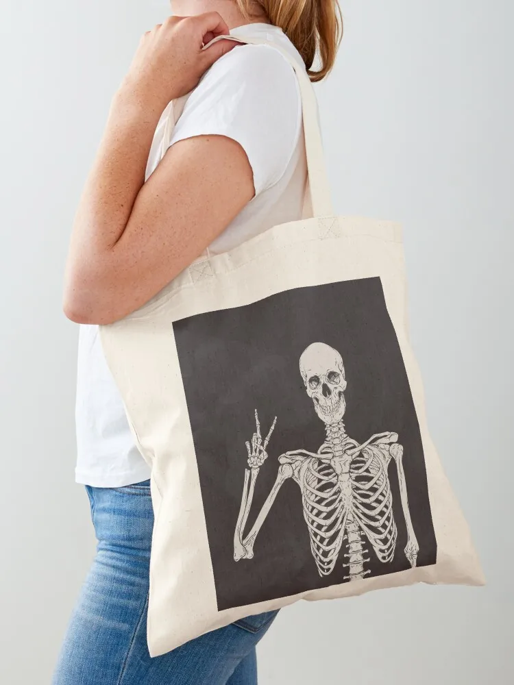 

Skeleton Giving The Peace Sign Dark Gothic Halloween Art Mystical Magical Art Illustration Skull Bones Tote Bag Lady bag