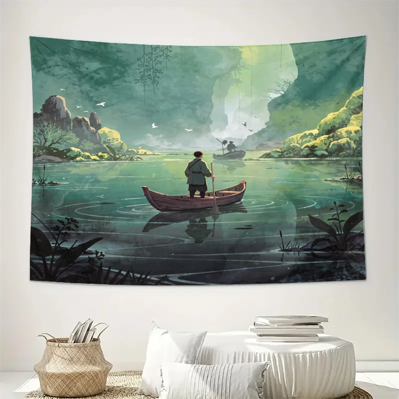 Exquisite Nature Tapestry Mural Watercolor Landscape Art Print Zen Chinese Style Water River Scene Home Decor Waterproof Wall Ha