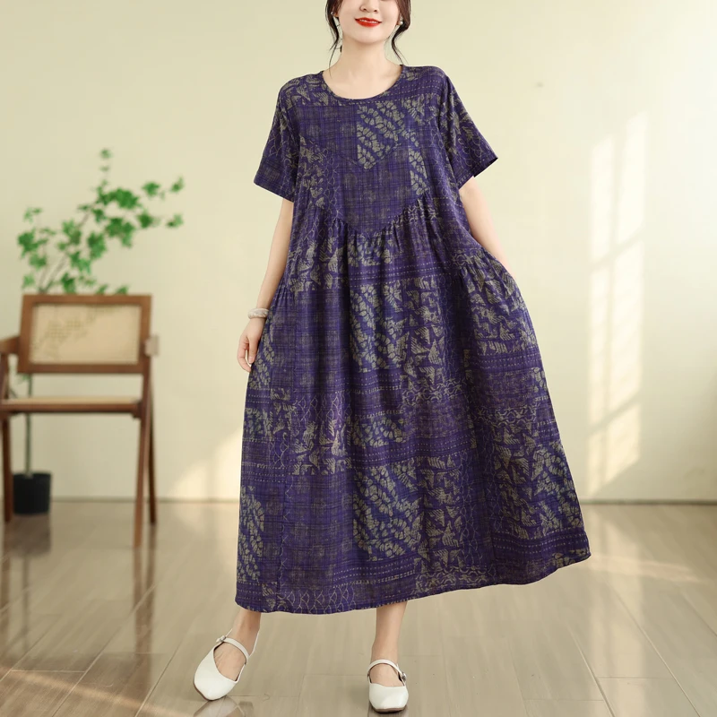 Summer New Vintage Bamboo Fiber Loose round Neck Short Sleeve Dress Women's A-Line Skirt Comfortable Fit Citywalk Dress