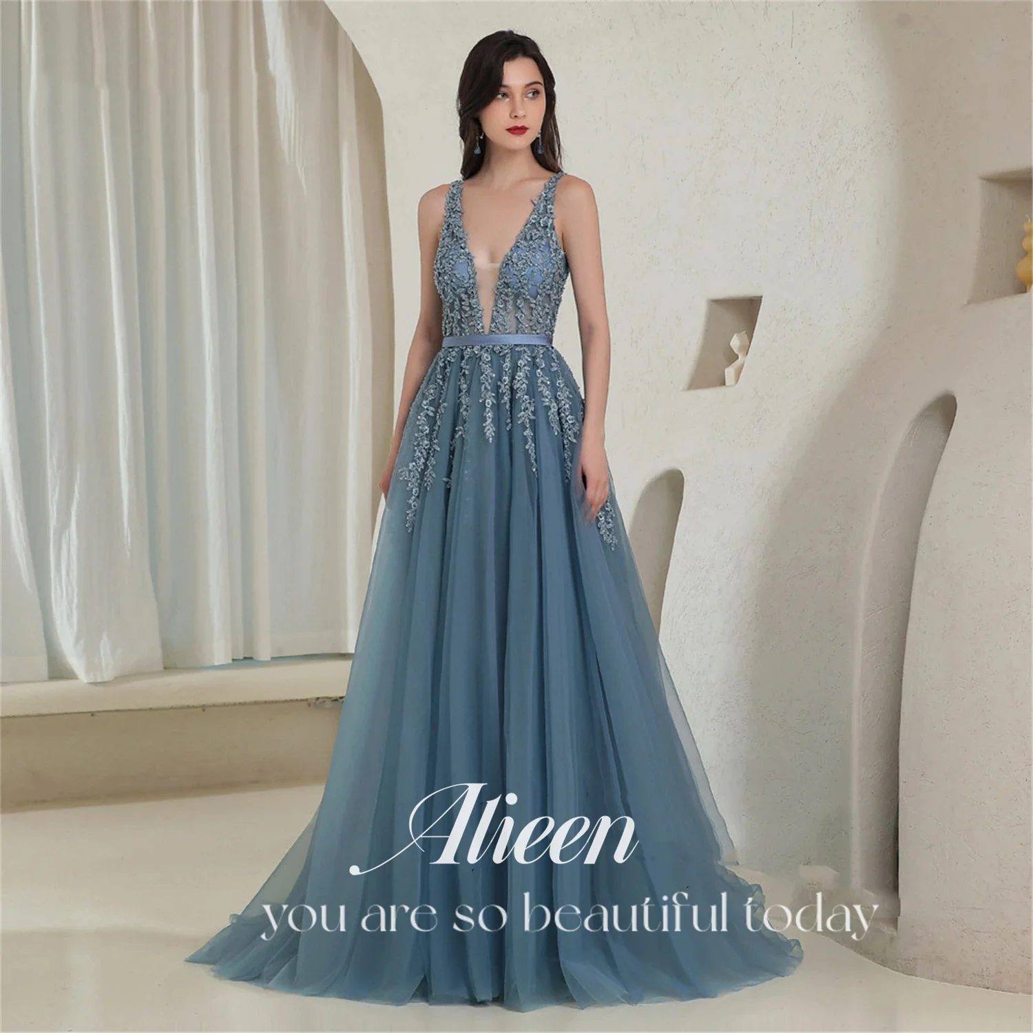 

Aileen Blue Mesh Applique Embroidery A-line Chic and Elegant Evening Dress Party Women Luxury Dresses Graduation Weddings Long