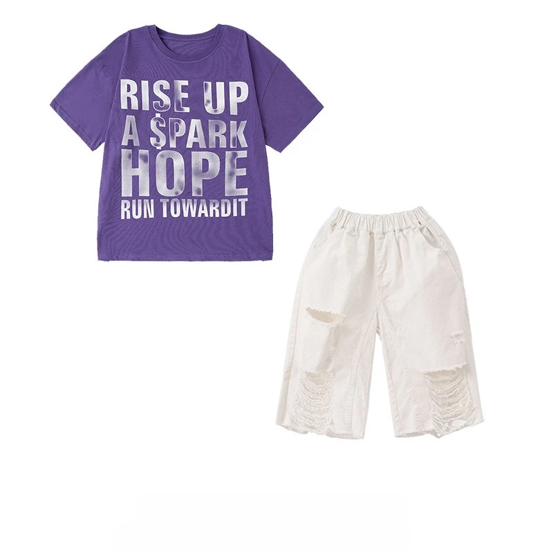 

New Boys Hip Hop Clothing Purple Letter Print T Shirt White Shorts Fashion Street Dance Costume Group Kpop Jazz Performance Wear