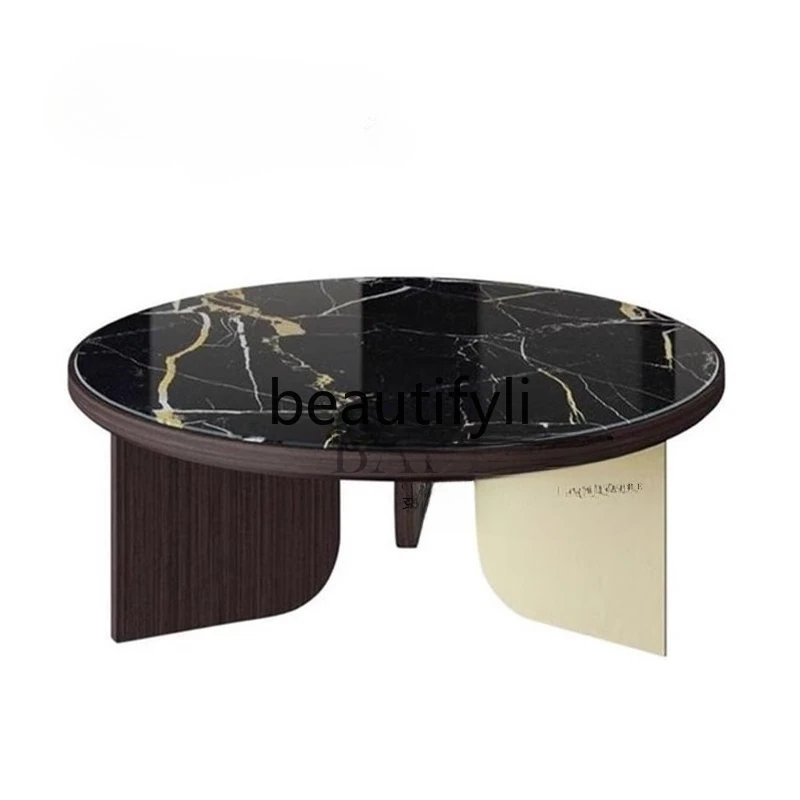 

Modern simple small apartment round solid wood coffee table side table marble tea table combination