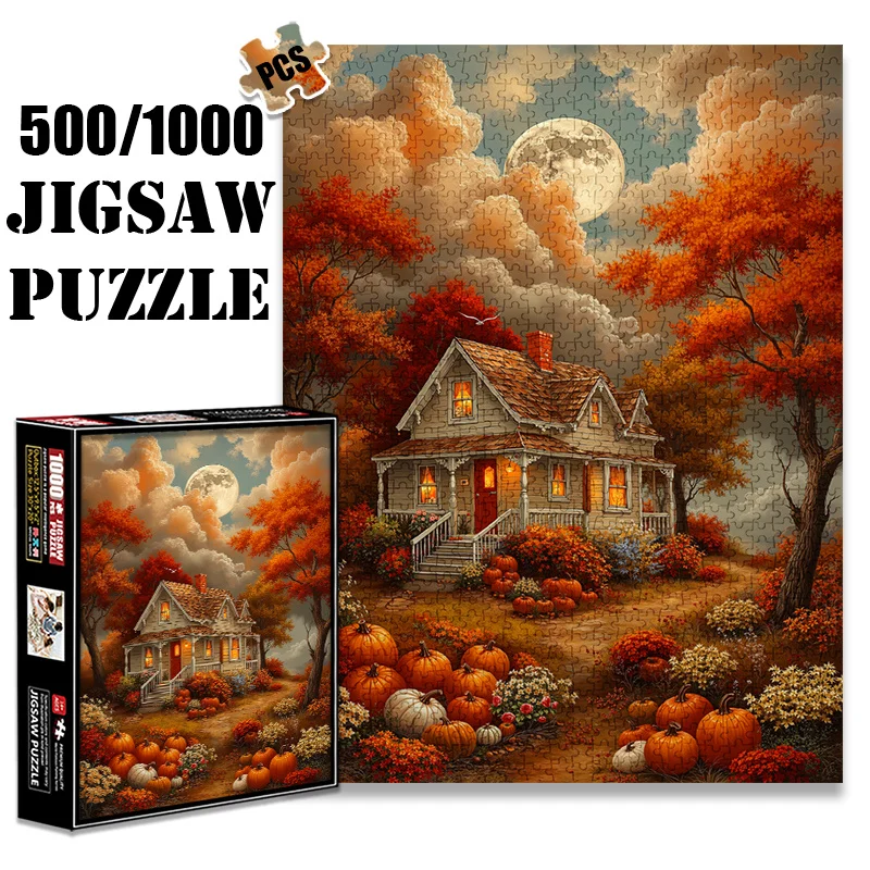 

1000 шт. пазл для взрослых, большой размер 27,56x19,69 дюйма, осенний семейный коттедж в стиле кантри, 500 шт. бумажный пазл, креативная игра «сделай сам»