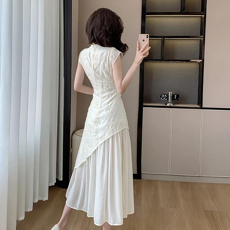 EIYOVVI 2024 Summer Literature And Art Small Fresh Irregular Fake Two Piece Long Embroidered Dress Korea Elegant Sweet Ladies