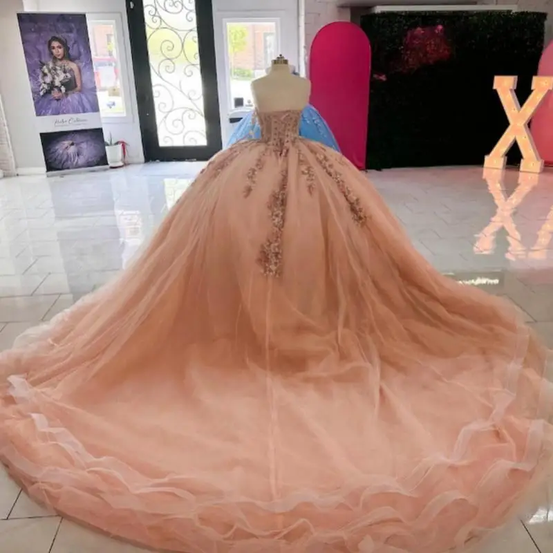 

Real Picture Mexican Coral Vestido De xv Quinceanera Dresses Strapless Lace Applique Ball Gown Women Birthday Party Prom Wear