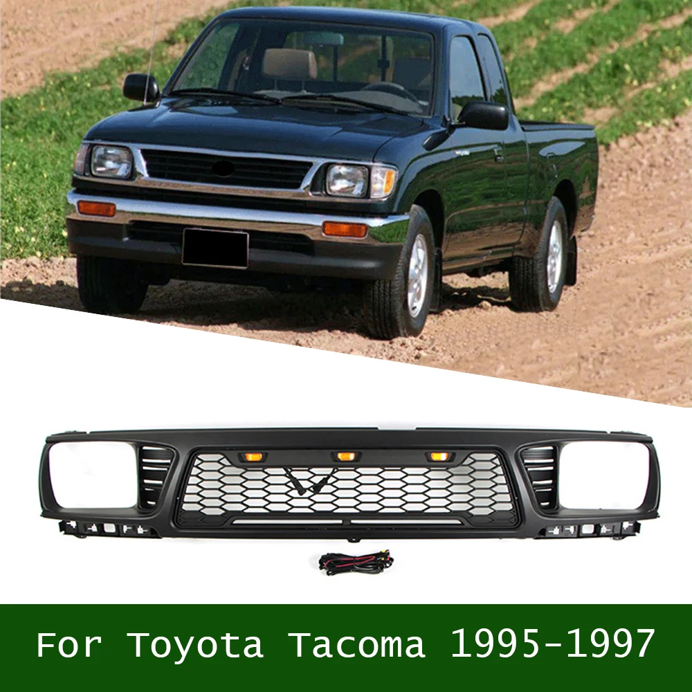 

For Toyota Tacoma 1995-1997 Mash Grill With 3 LED Lights Front Bumper Grille Trims Cover Racing Grills Black Compatible Fit