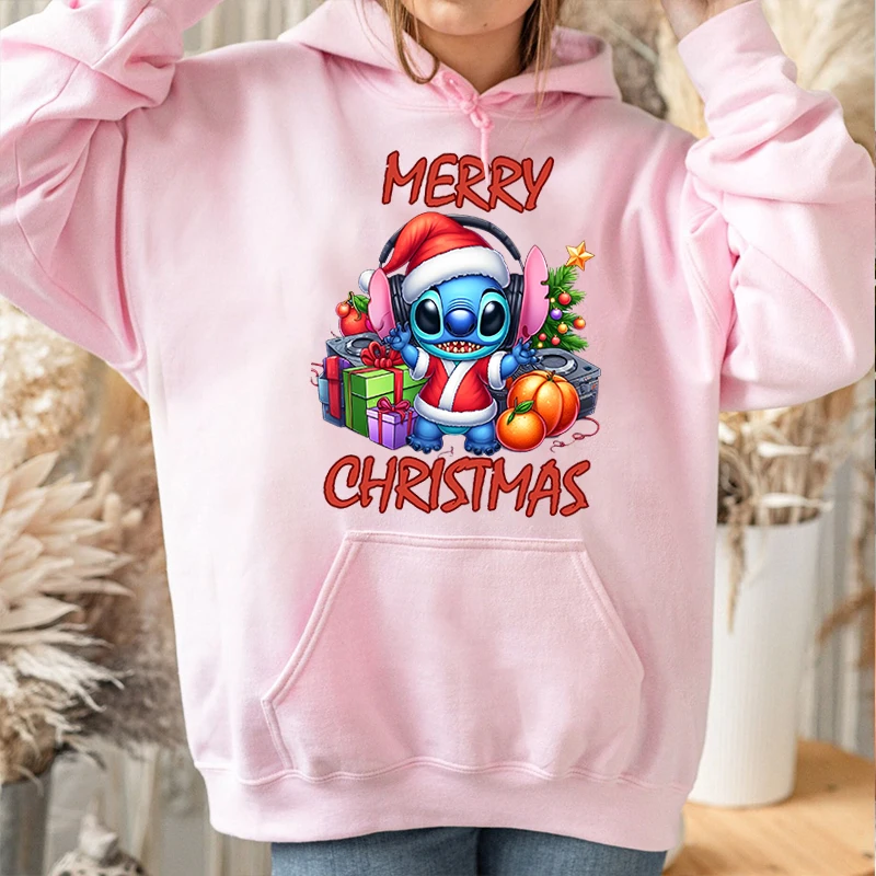 Stitch Christmas Print Women\'s Autumn and Winter Hoodie Plus Velvet Sports Sweater Pink Loose Top