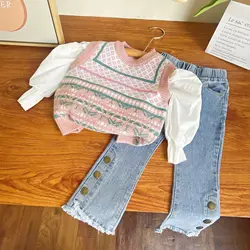 2023 Autumn/Winter New Girls' Clothing Set Vintage Style Sweater Tank Top+Bottom Shirt+Cowboy Bell Pants 3pcs Children Clothes