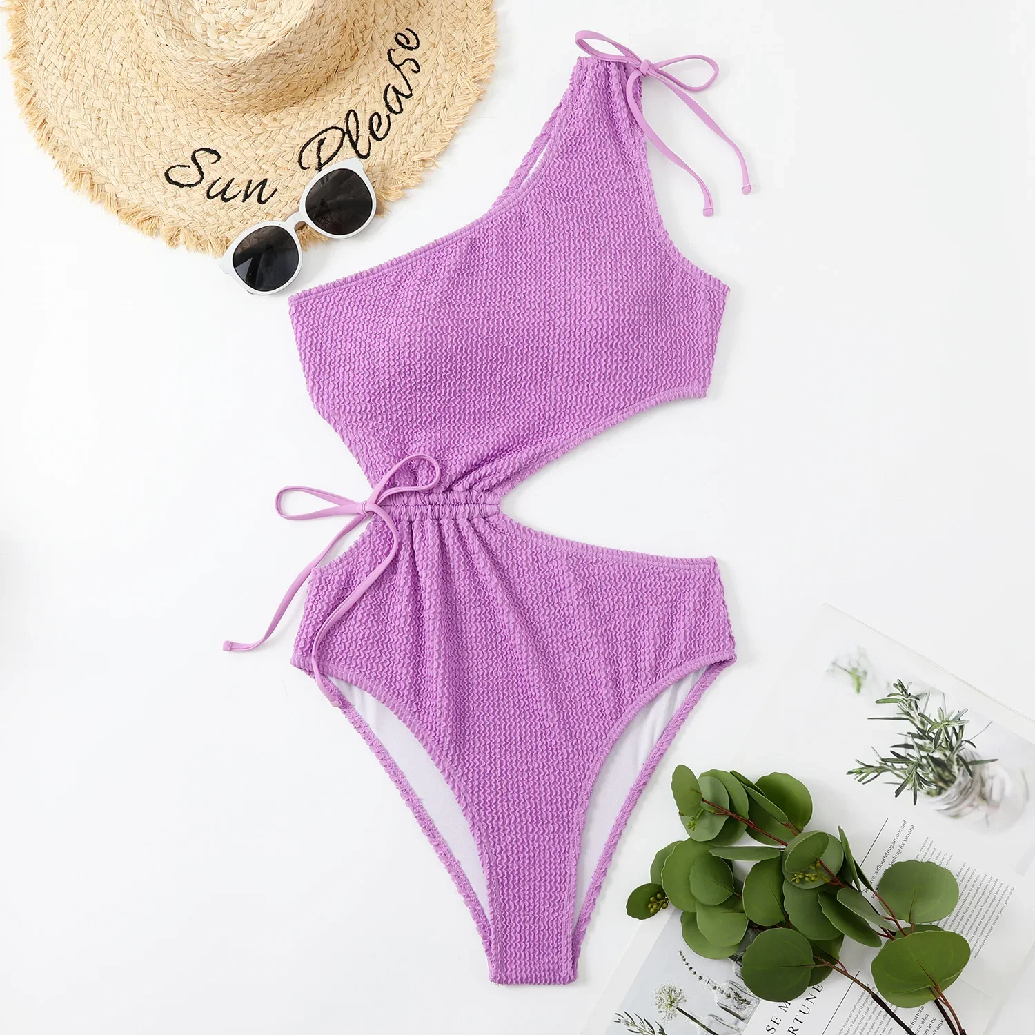 

One Shoulder Women's Swimsuit One Piece Cut Out Sexy Swimwear Women 2022 Textured Monokini Solid Bathing Suit Beach Wear Purple