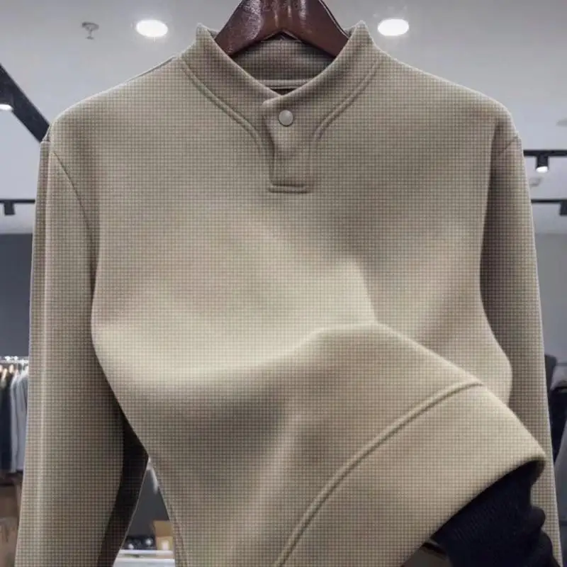 Spring and Autumn Handsome Hoodie V-neck Button Long Sleeve Men's Loose Casual Bottom Men's All Match Top T-shirt