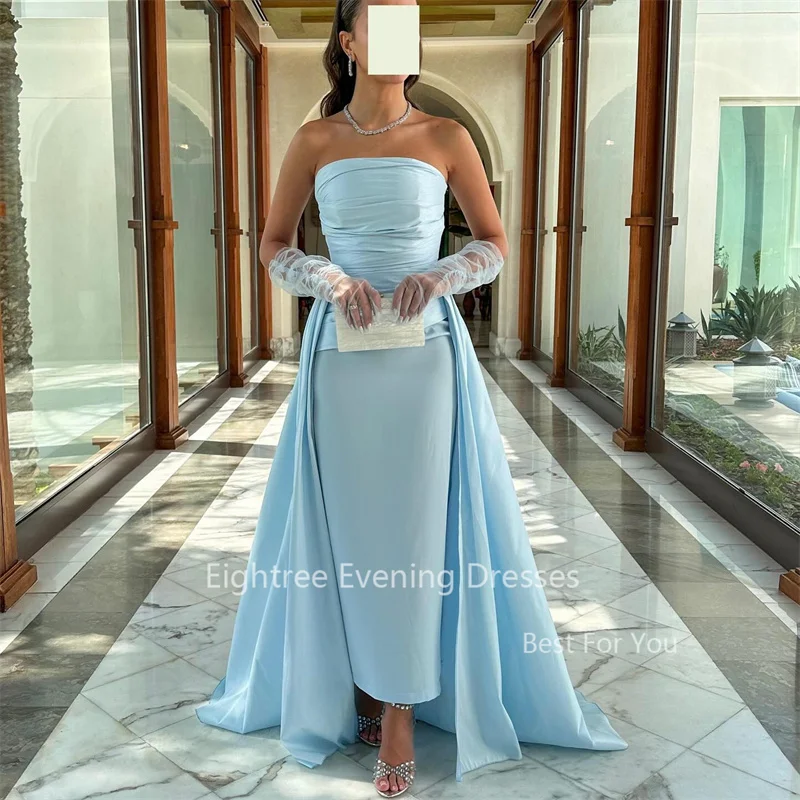 Eightree Elegant Sky Blue Ankle Length Prom Dresses Strapless Zipper Back Women Wear Birthday Party Evening Overskirts Dress