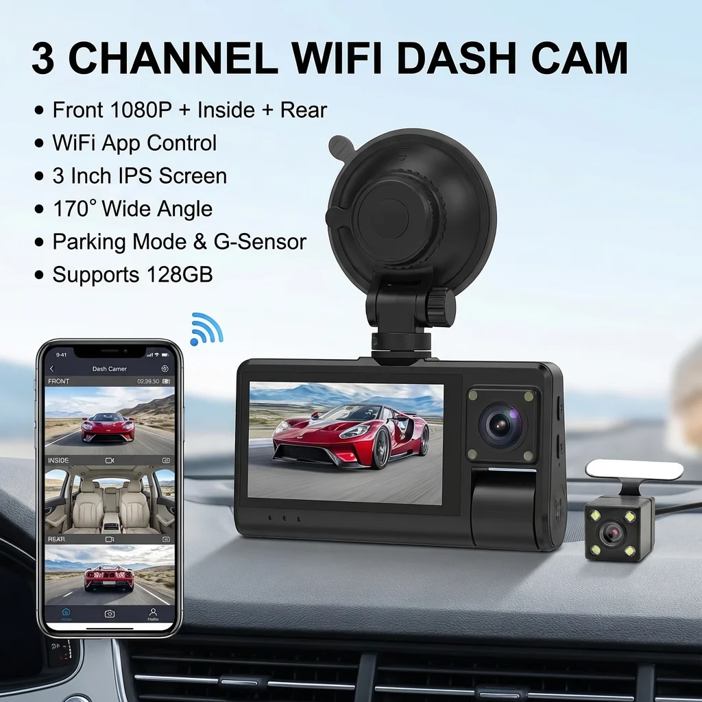 

3-канальный Wi-Fi видеорегистратор 1080p HD с камерой заднего вида, ночным видением, циклической записью, датчиком движения, 3-дюймовый автомобильный видеорегистратор