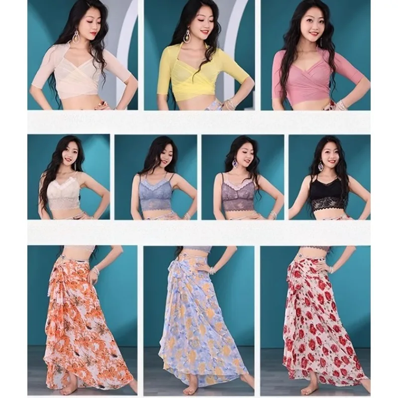 Customized Belly Dance Costumes Hip Scarf Printed Skirt Eastern Dance Performance Costume Sexy Lace Up Top