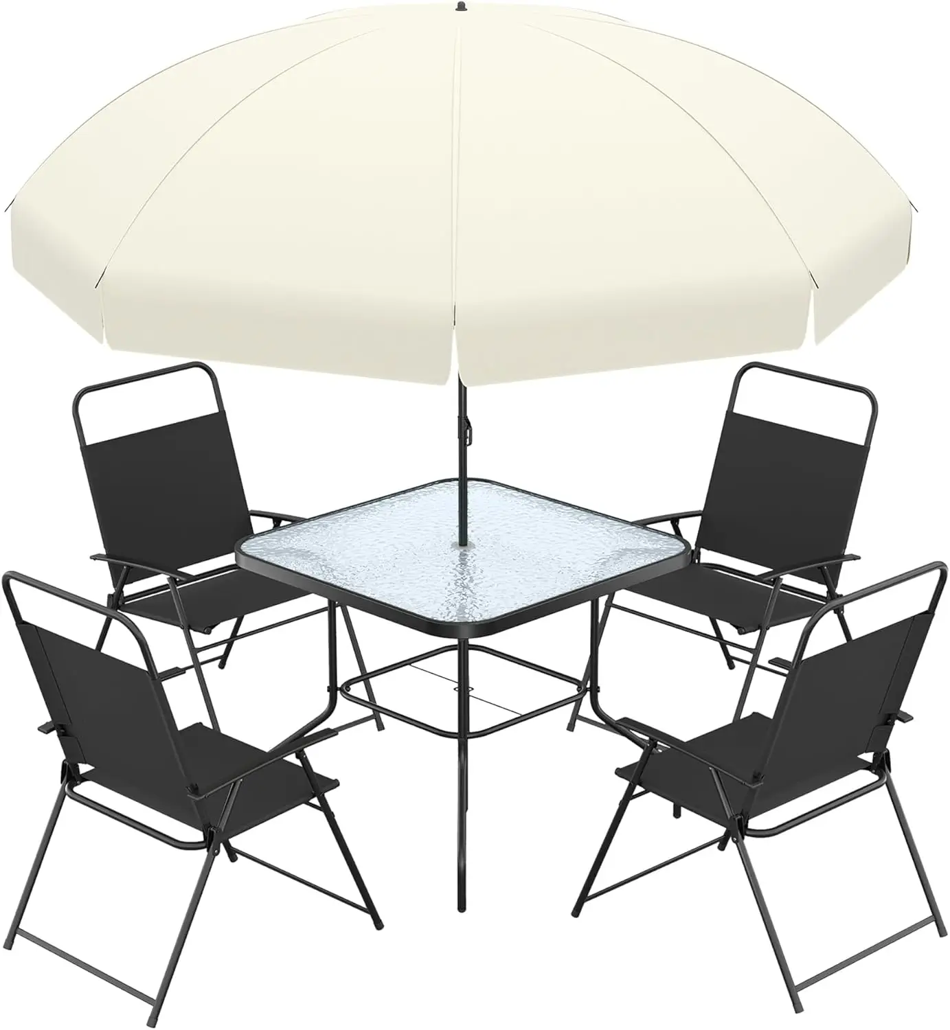 

6 Piece Patio Table and Chairs Set with Umbrella, Outdoor Dining Set with 4 Folding Dining Chairs & Glass Table