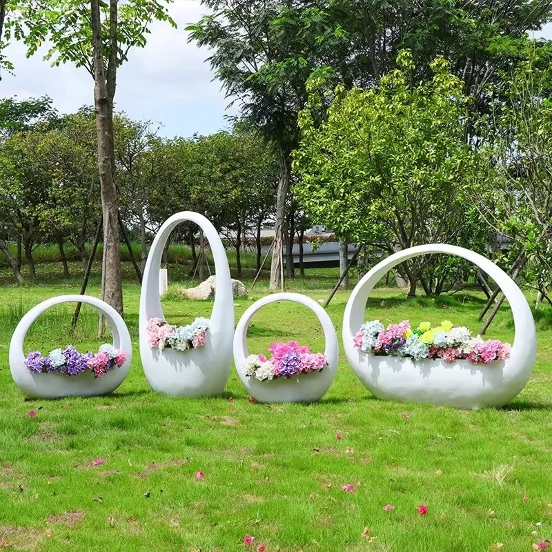 Fiberglass Handled Flower Basket Outdoor Park Villa Courtyard Lawn Green Plant Landscape Planter Ornament Smooth Curved Oval