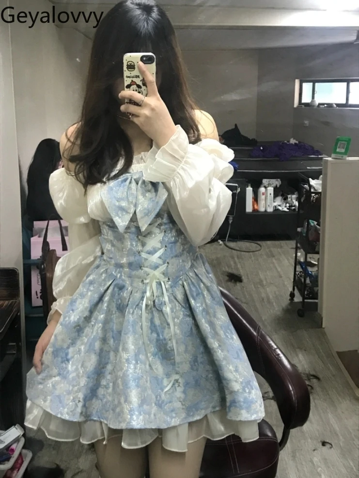 

Sweet Girl Bubble Long Sleeve Square Collar Princess Dress Spring and Summer New Bow Stitching Tied Waist Trimming Short Dresses