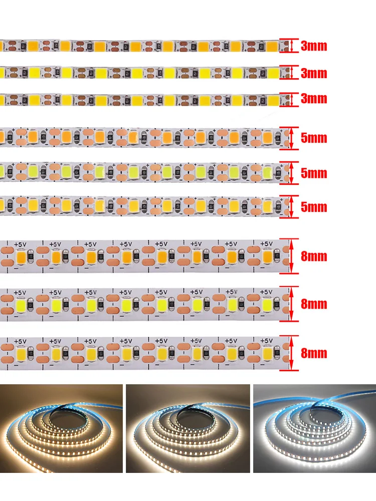 3mm 5mm PCB LED Strip Light Ultra Thin 1 LED Cut 5V 2835 120LEDs/m 8mm Fita Flexível DC IP21 Não À