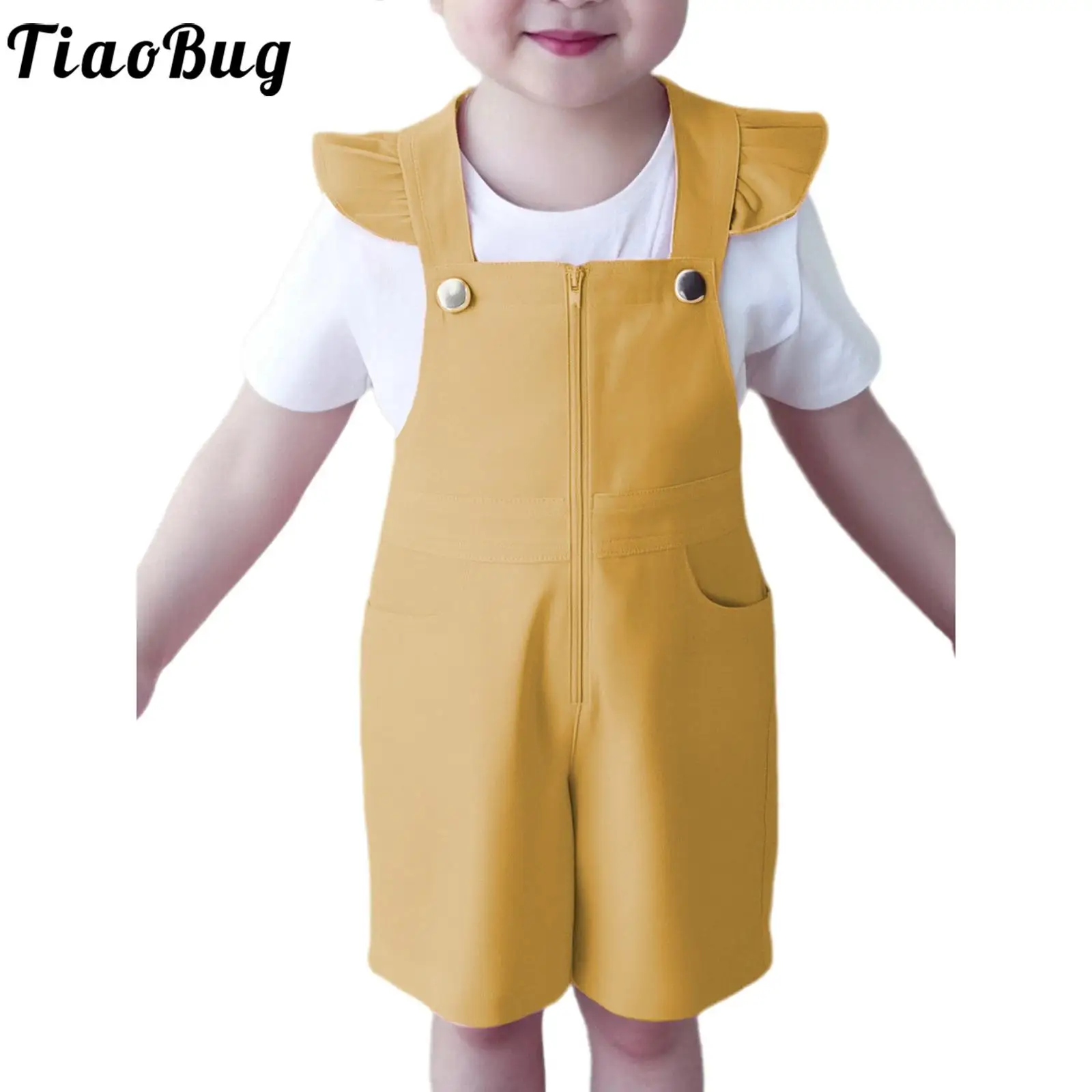 

Baby Girls Summer Clothes Sweet Jumpsuit Adjustable Ruffled Spaghetti Strap Zipper Overalls Romper with Pockets Kids Casual Wear