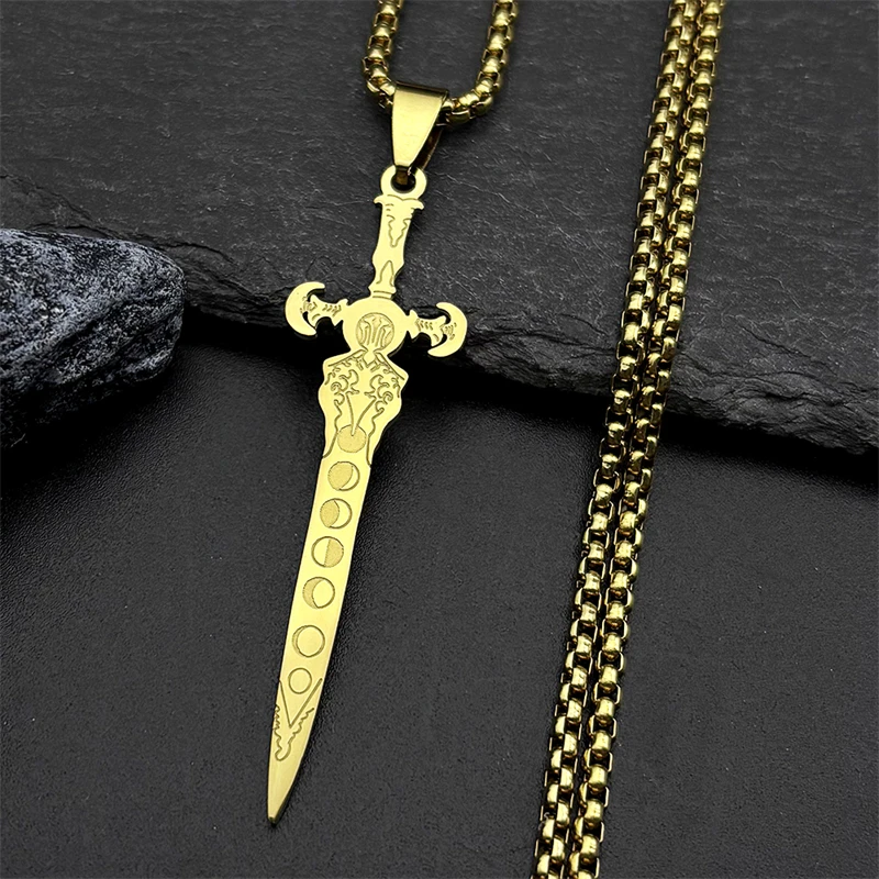 Vintage Viking Lunar Phase Sword Pendant Necklace for Women Men Stainless Steel Cross Moon Gothic Wicca Punk Jewelry Gift