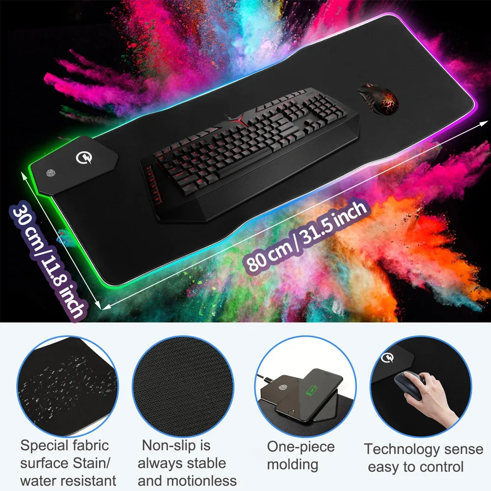 15W Wireless Charging Mouse Pad Oversized RGB Luminous Desk Mat Gamer Mousepad Computer Laptop Keyboard Non-slip Glowing Cushion