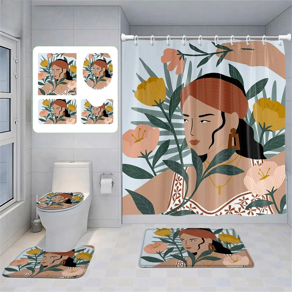 

Набор из четырех предметов Morandi, декоративный костюм для ванной комнаты, абстрактное искусство, занавеска для душа, нескользящий напольный коврик, коврик для унитаза, украшение дома