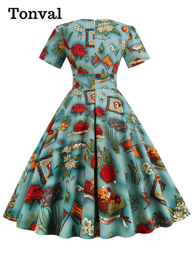 Tonval Short Sleeve 1950s Retro Clothes Women Multicolor Print Cotton Robe Femme Summer Vintage A-Line Long Swing Dress Elegant