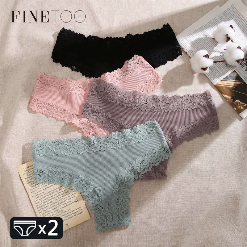 FINETOO 2PCS Women's Cotton Underwear Sexy Lace Floral Panties Low Rise Comfortable lingerie Erotic Seamless Breathable lingerie