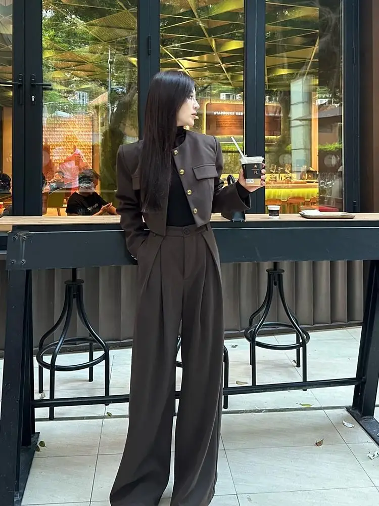 Fashion Women's Set Autumn/Winter Single breasted Slim Fit Short Coat High Waist Wide Leg Pants Two piece Fashion Set